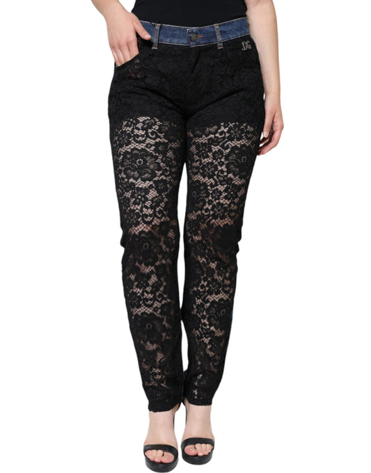 Black Floral Lace Front Skinny Denim Jeans-Dolce & Gabbana-LabelTerrace.com