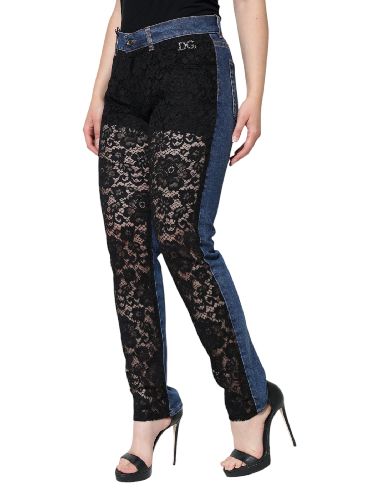 Black Floral Lace Front Skinny Denim Jeans-Dolce & Gabbana-LabelTerrace.com