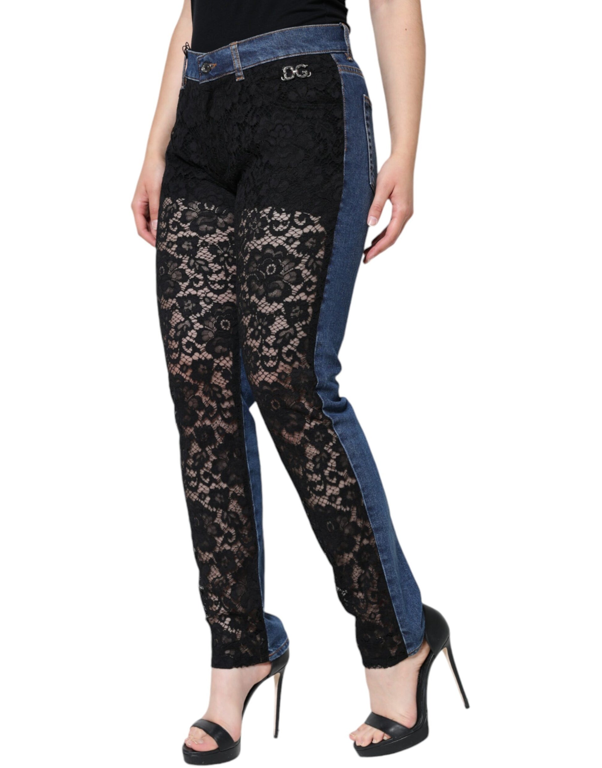Black Floral Lace Front Skinny Denim Jeans-Dolce & Gabbana-LabelTerrace.com