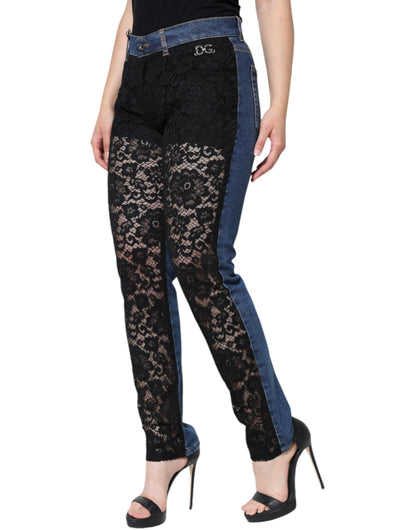 Black Floral Lace Front Skinny Denim Jeans-Dolce & Gabbana-LabelTerrace.com