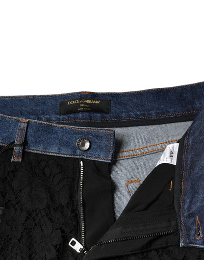 Black Floral Lace Front Skinny Denim Jeans-Dolce & Gabbana-LabelTerrace.com