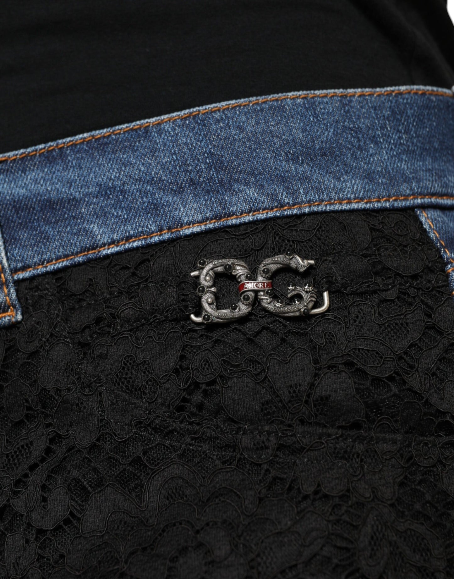 Black Floral Lace Front Skinny Denim Jeans-Dolce & Gabbana-LabelTerrace.com