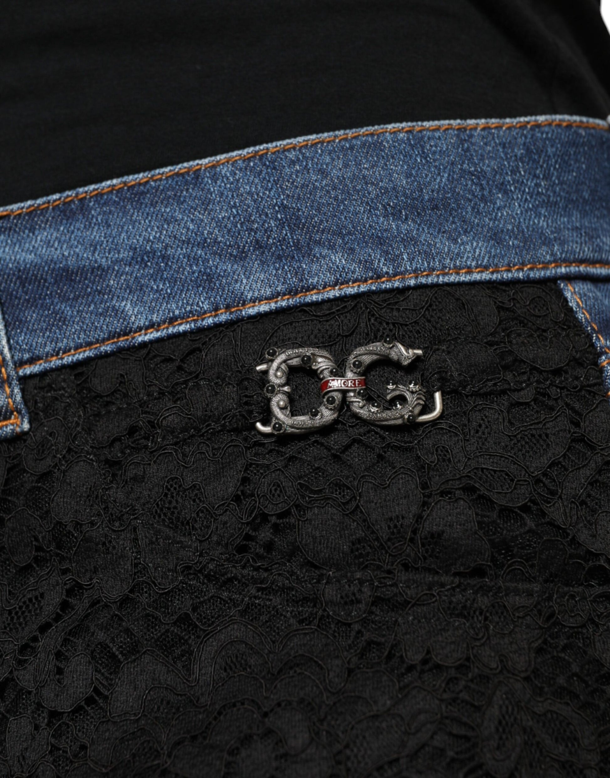Black Floral Lace Front Skinny Denim Jeans-Dolce & Gabbana-LabelTerrace.com