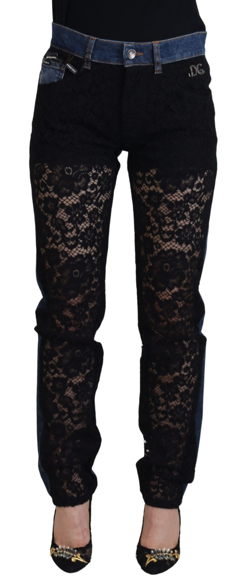 Black Floral Lace Front Skinny Denim Jeans-Dolce & Gabbana-LabelTerrace.com