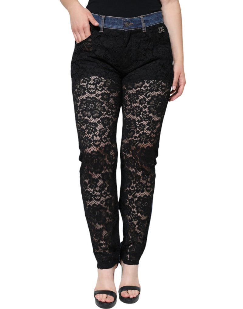 Black Floral Lace Front Skinny Denim Jeans-Dolce & Gabbana-LabelTerrace.com