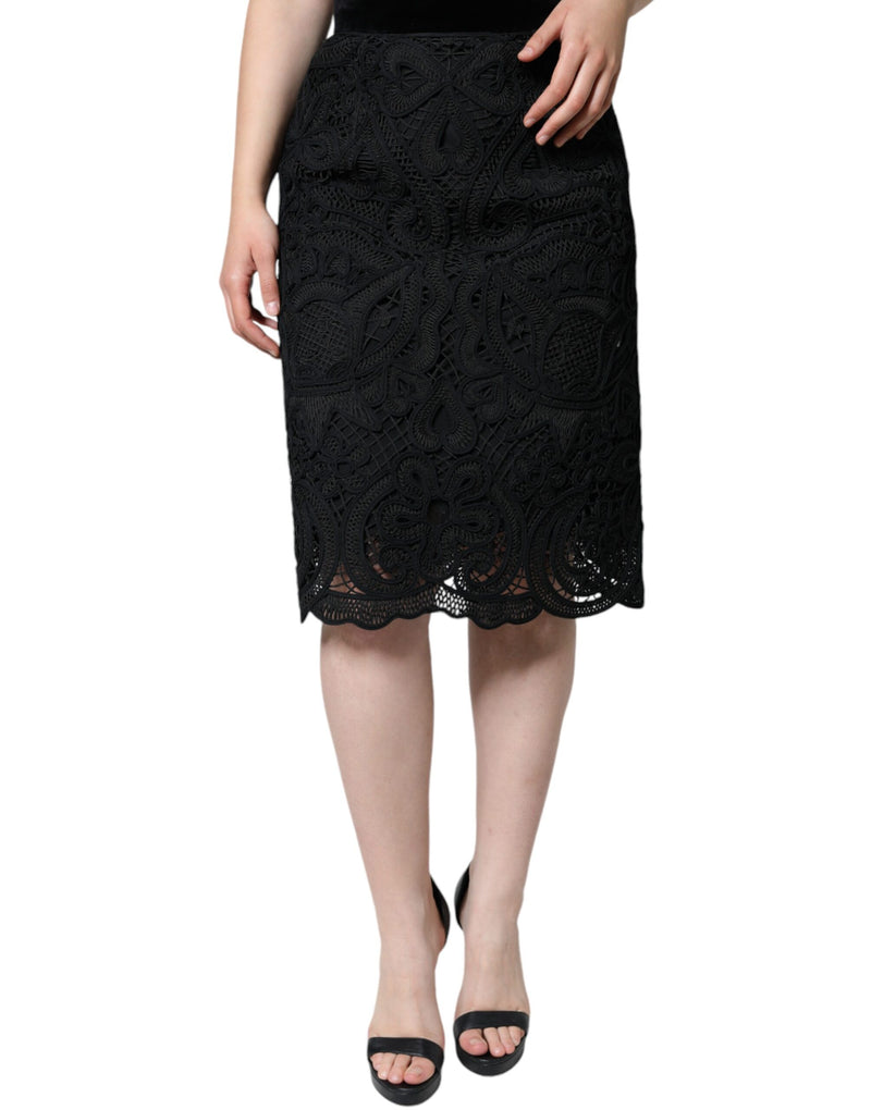 Black Floral Lace High Waist Pencil Cut Skirt-Dolce & Gabbana-LabelTerrace.com