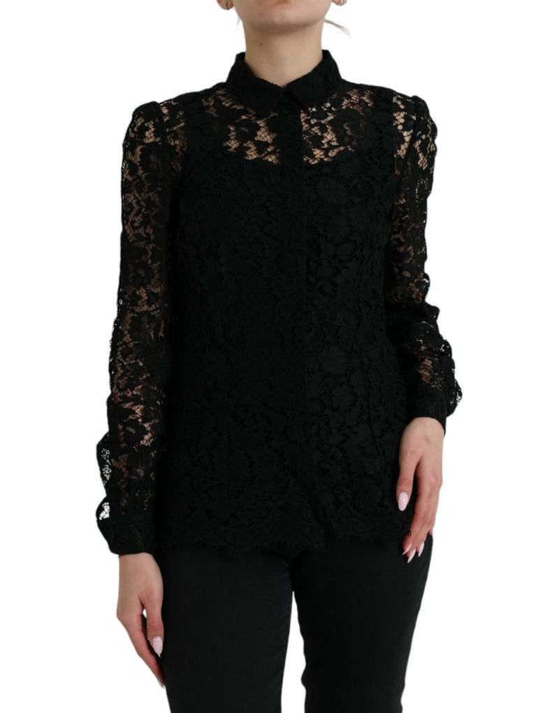 Black Floral Lace Long Sleeves Blouse Top-Dolce & Gabbana-LabelTerrace.com