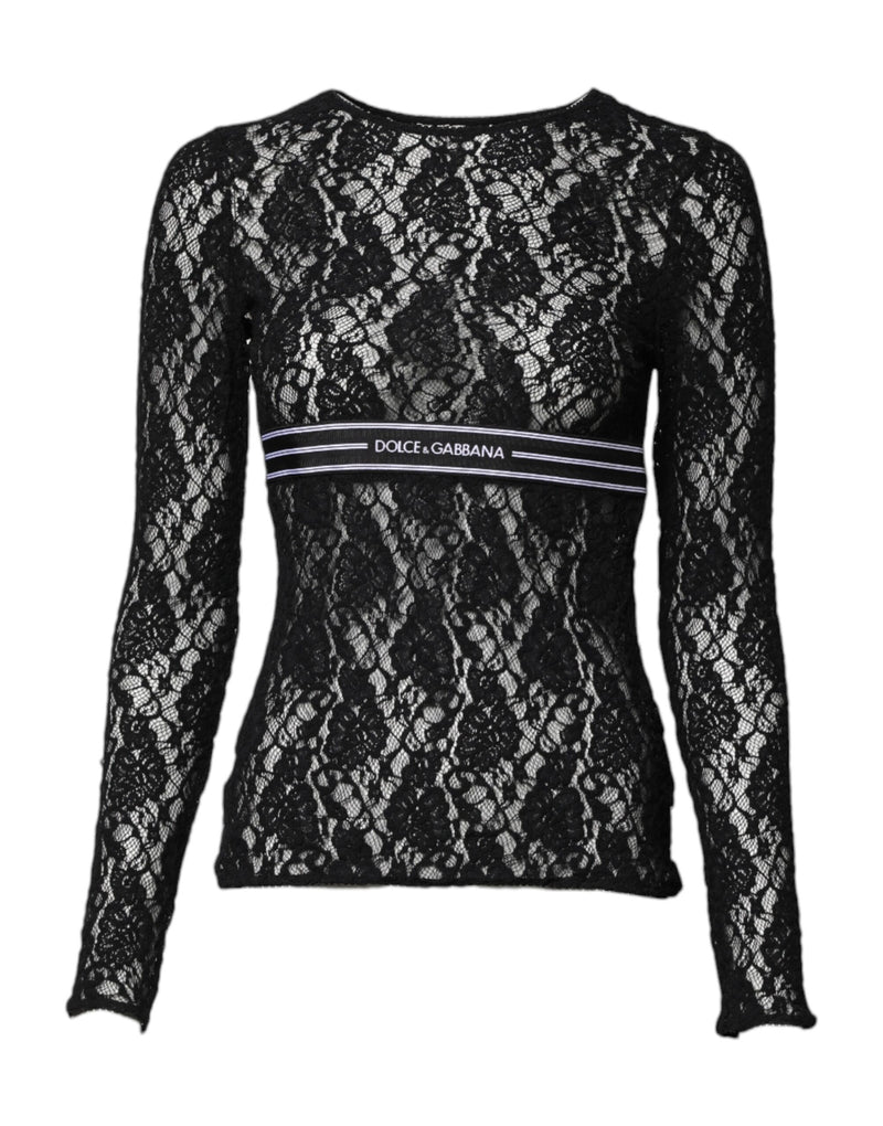 Black Floral Lace Long Sleeves Pullover Top-Dolce & Gabbana-LabelTerrace.com