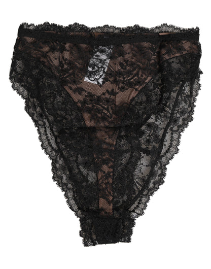 Black Floral Lace Mesh High Brief Panty Underwear