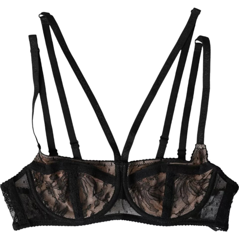 Black Floral Lace Nylon Balconcino Bra Underwear-Dolce & Gabbana-LabelTerrace.com