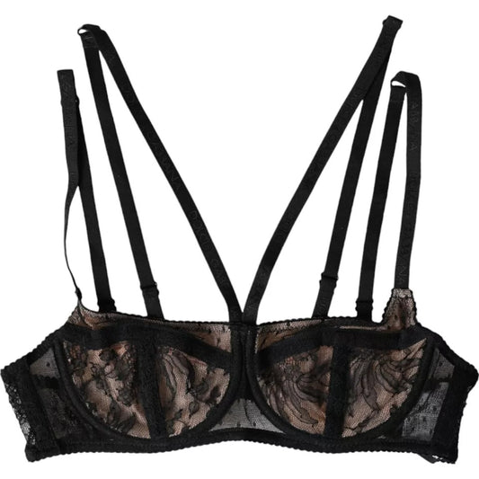 Black Floral Lace Nylon Balconcino Bra Underwear-Dolce & Gabbana-LabelTerrace.com