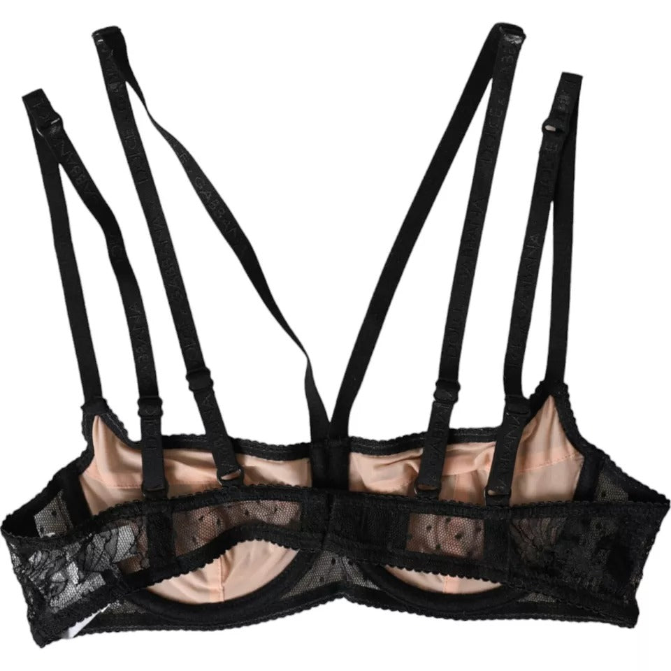 Black Floral Lace Nylon Balconcino Bra Underwear-Dolce & Gabbana-LabelTerrace.com
