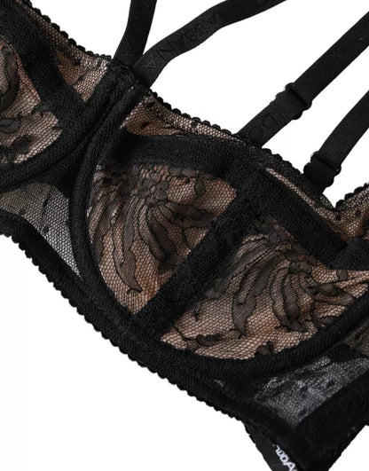 Black Floral Lace Nylon Balconcino Bra Underwear-Dolce & Gabbana-LabelTerrace.com