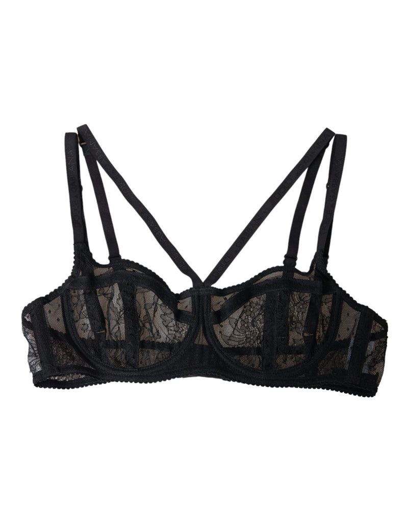 Black Floral Lace Nylon Balconcino Bra Underwear-Dolce & Gabbana-LabelTerrace.com