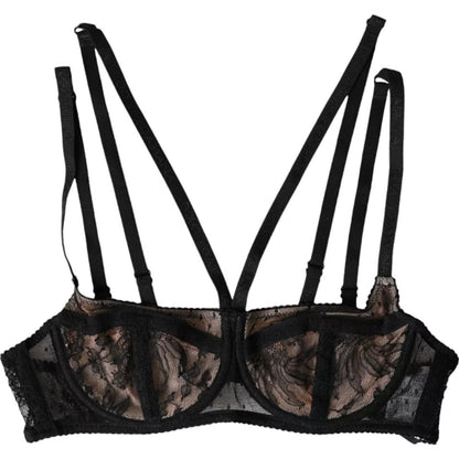 Black Floral Lace Nylon Balconcino Bra Underwear-Dolce & Gabbana-LabelTerrace.com