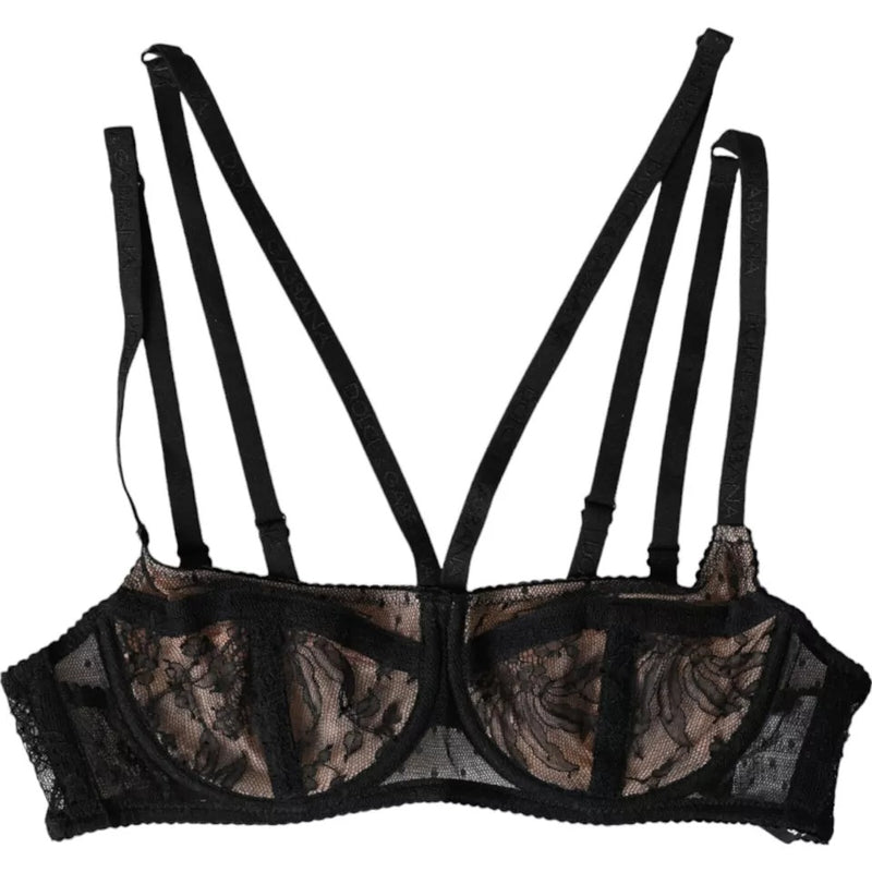 Black Floral Lace Nylon Balconcino Bra Underwear-Dolce & Gabbana-LabelTerrace.com
