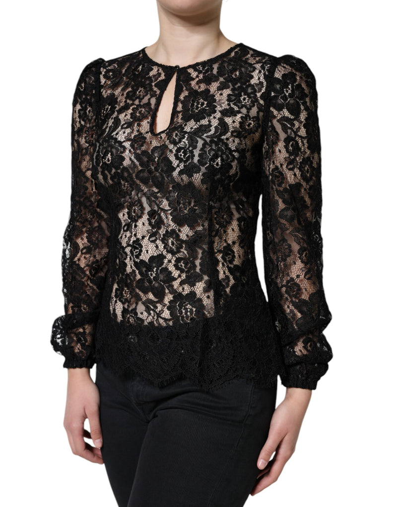 Black Floral Lace See Through Long Sleeve Top-Dolce & Gabbana-LabelTerrace.com