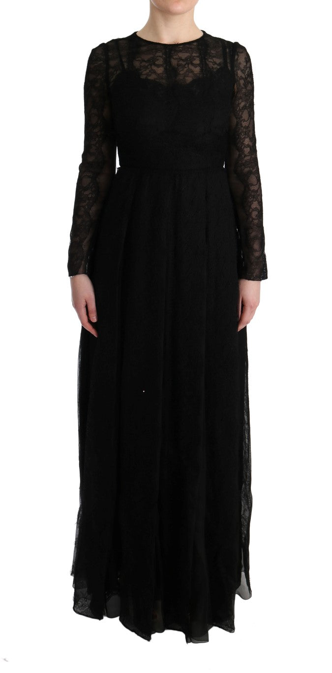Black Floral Lace Sheath Silk Dress-Dolce & Gabbana-LabelTerrace.com