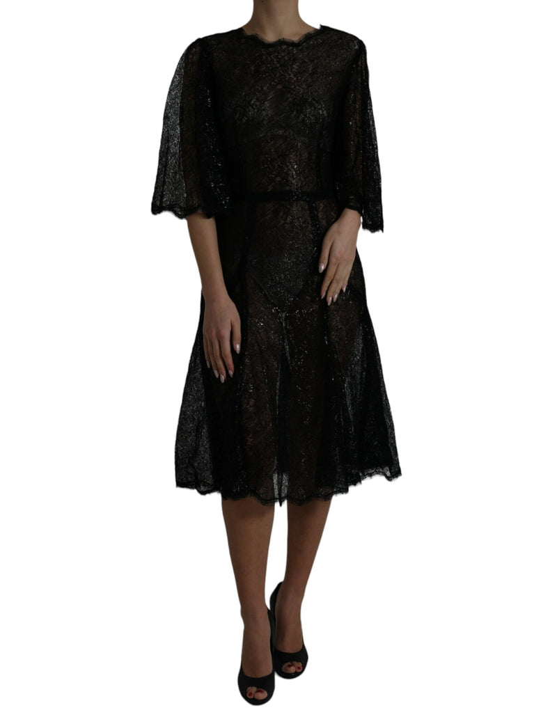 Black Floral Lace Sheer A-line Midi Dress-Dolce & Gabbana-LabelTerrace.com