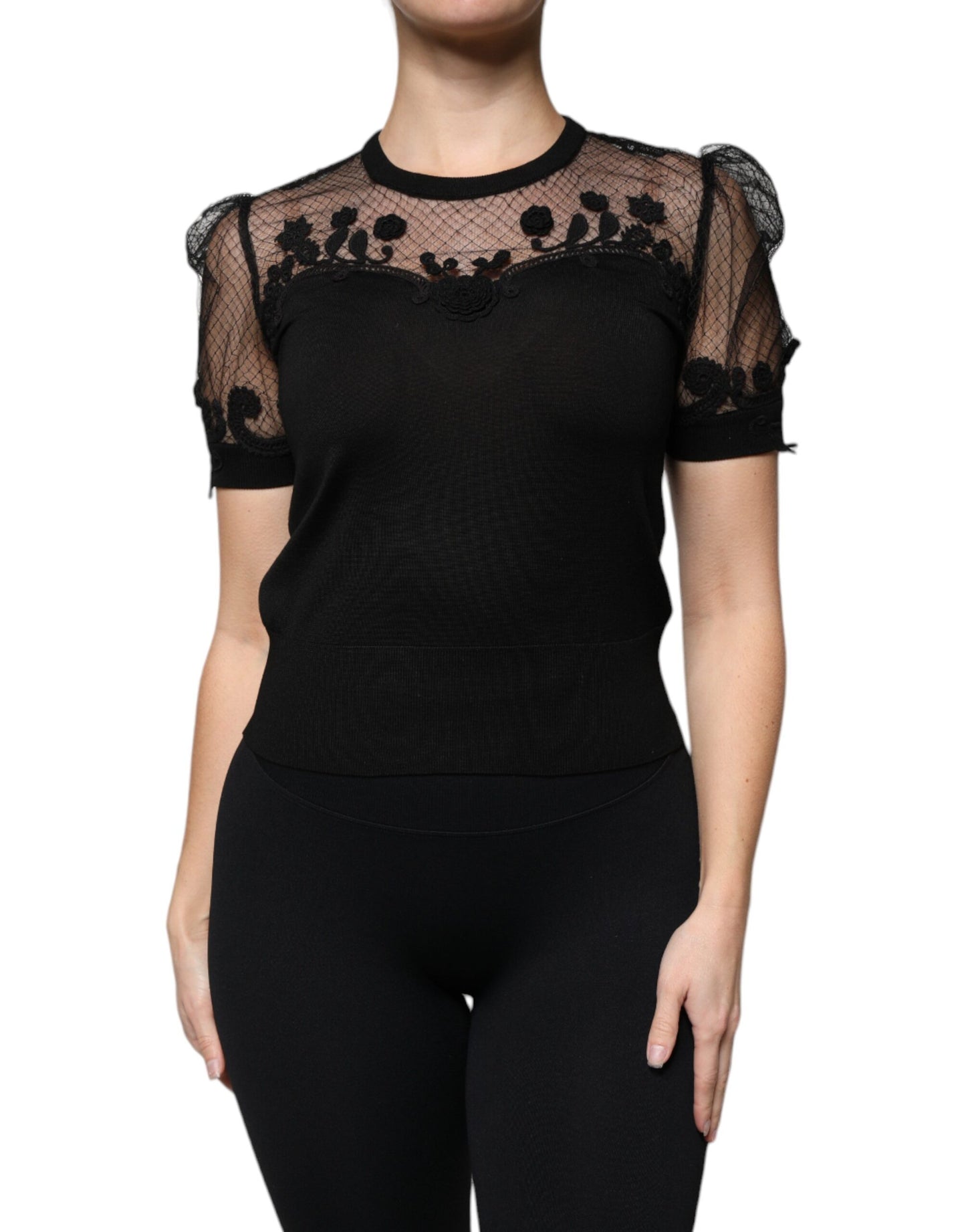 Black Floral Lace Short Sleeves Blouse Top-Dolce & Gabbana-LabelTerrace.com
