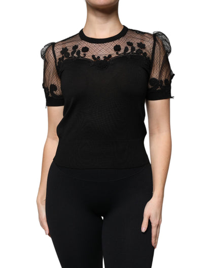 Black Floral Lace Short Sleeves Blouse Top-Dolce & Gabbana-LabelTerrace.com