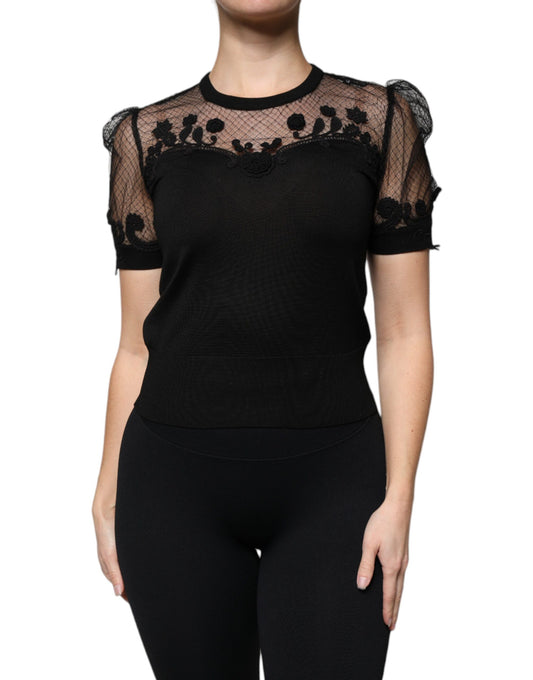 Black Floral Lace Short Sleeves Blouse Top-Dolce & Gabbana-LabelTerrace.com
