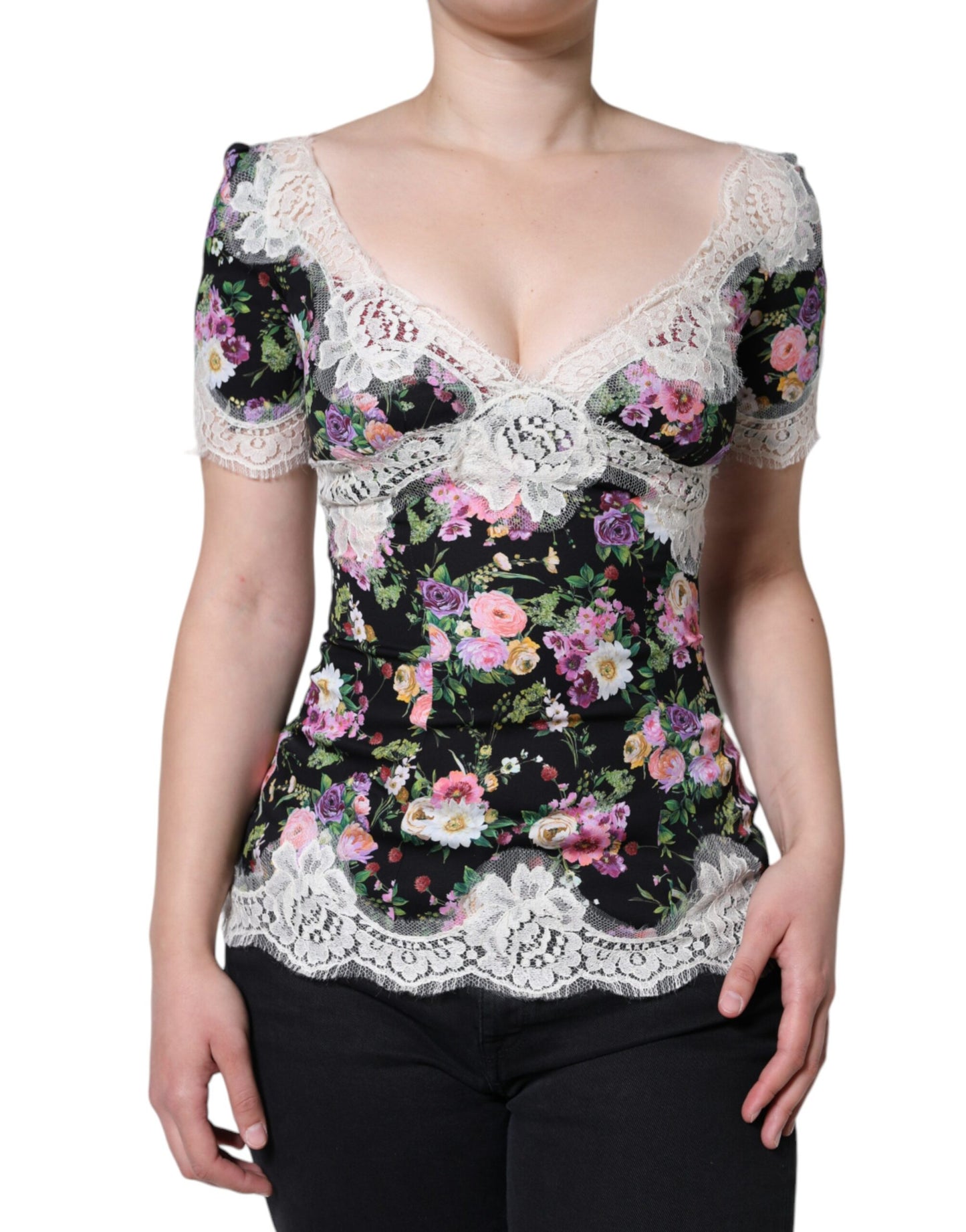 Black Floral Lace Short Sleeves Blouse Top-Dolce & Gabbana-LabelTerrace.com