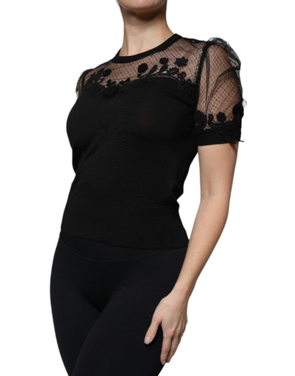 Black Floral Lace Short Sleeves Blouse Top-Dolce & Gabbana-LabelTerrace.com