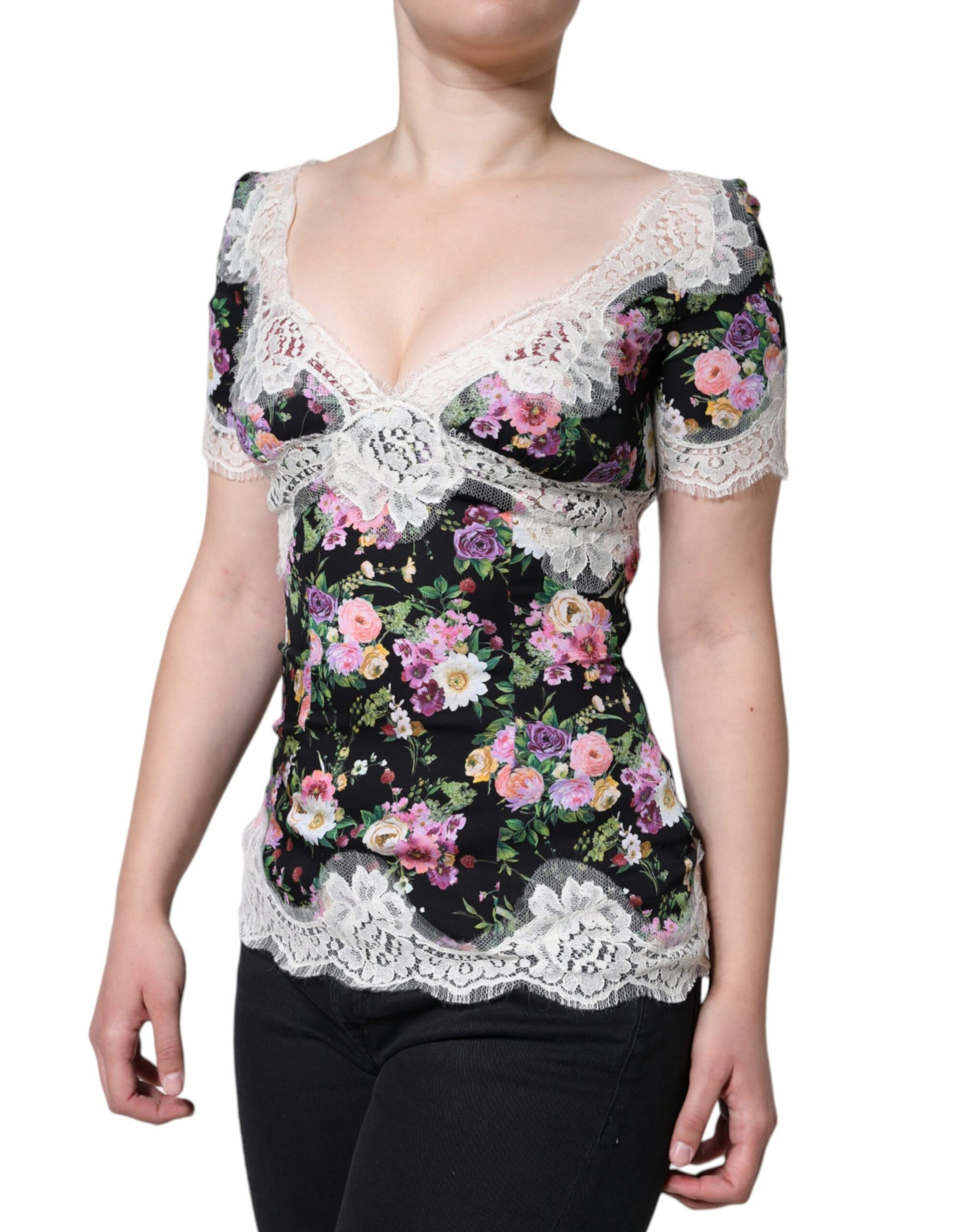 Black Floral Lace Short Sleeves Blouse Top-Dolce & Gabbana-LabelTerrace.com