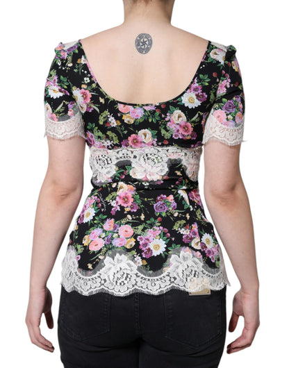 Black Floral Lace Short Sleeves Blouse Top-Dolce & Gabbana-LabelTerrace.com