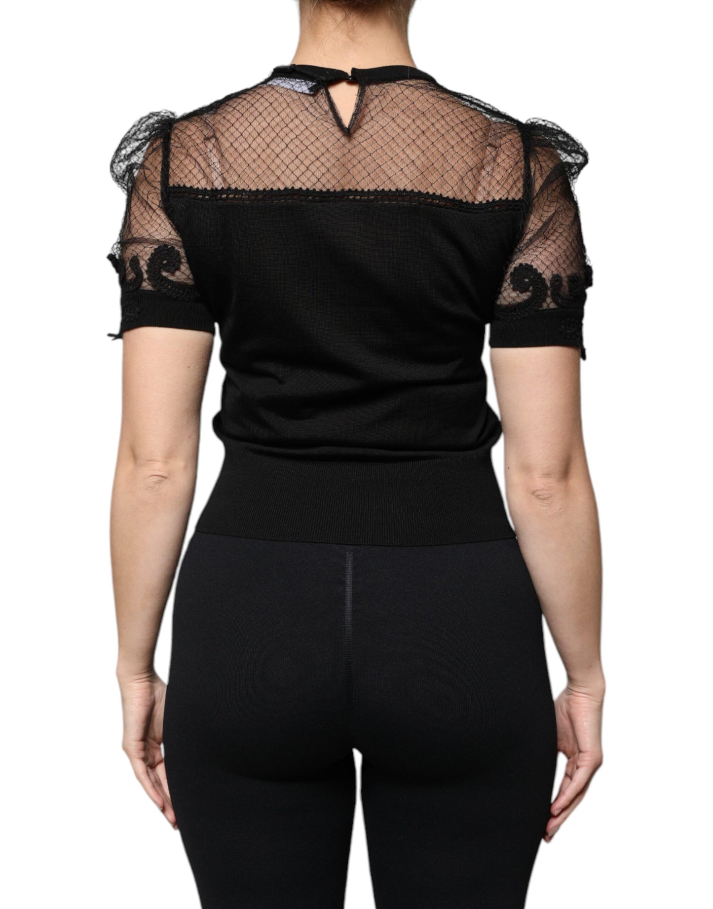 Black Floral Lace Short Sleeves Blouse Top-Dolce & Gabbana-LabelTerrace.com
