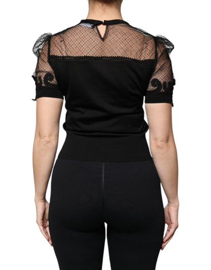Black Floral Lace Short Sleeves Blouse Top-Dolce & Gabbana-LabelTerrace.com