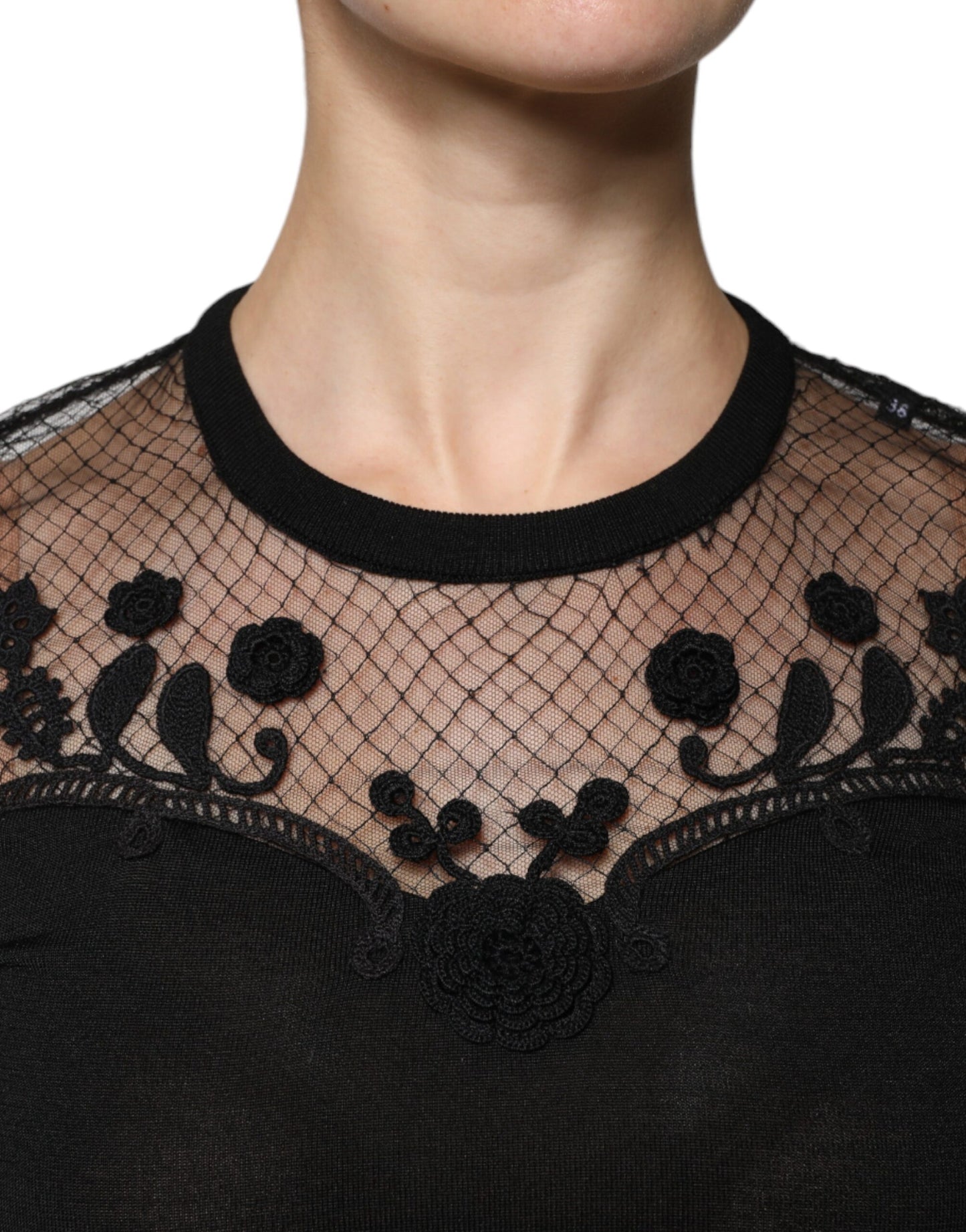 Black Floral Lace Short Sleeves Blouse Top-Dolce & Gabbana-LabelTerrace.com
