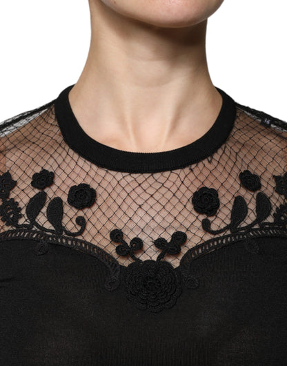 Black Floral Lace Short Sleeves Blouse Top-Dolce & Gabbana-LabelTerrace.com
