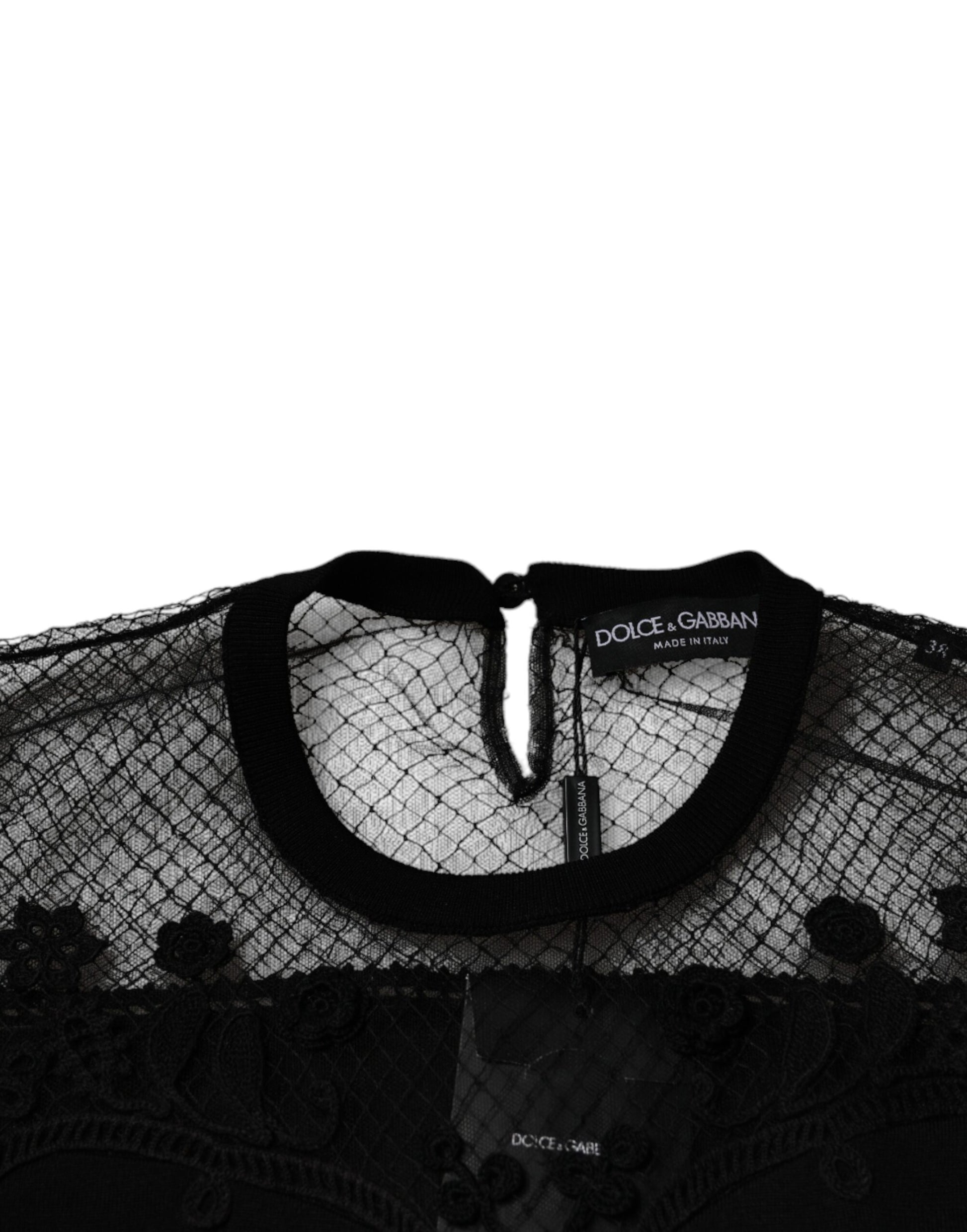 Black Floral Lace Short Sleeves Blouse Top-Dolce & Gabbana-LabelTerrace.com