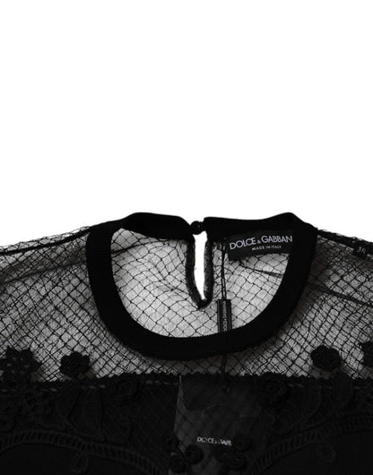 Black Floral Lace Short Sleeves Blouse Top-Dolce & Gabbana-LabelTerrace.com