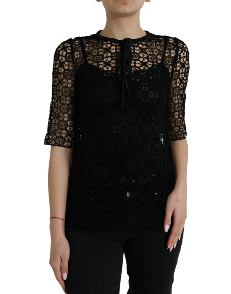 Black Floral Lace Short Sleeves Blouse Top-Dolce & Gabbana-LabelTerrace.com