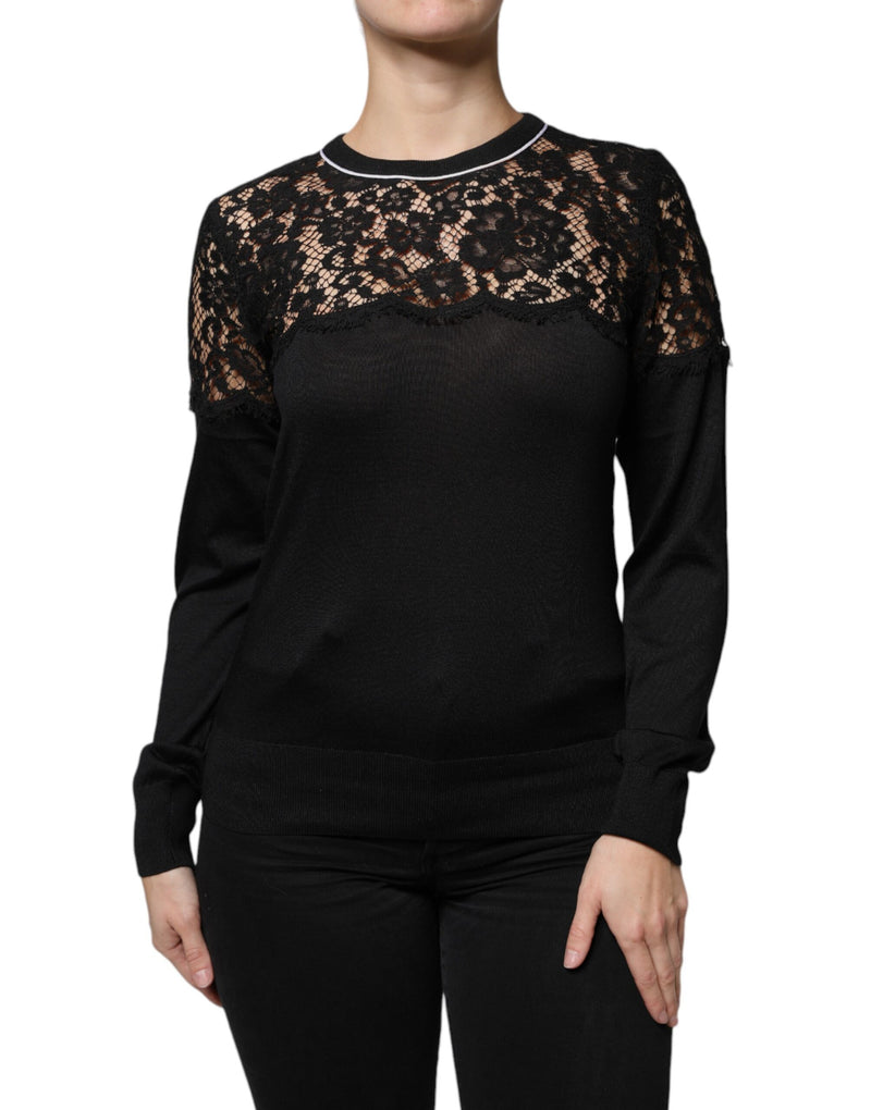 Black Floral Lace Silk Pullover Blouse Top-Dolce & Gabbana-LabelTerrace.com