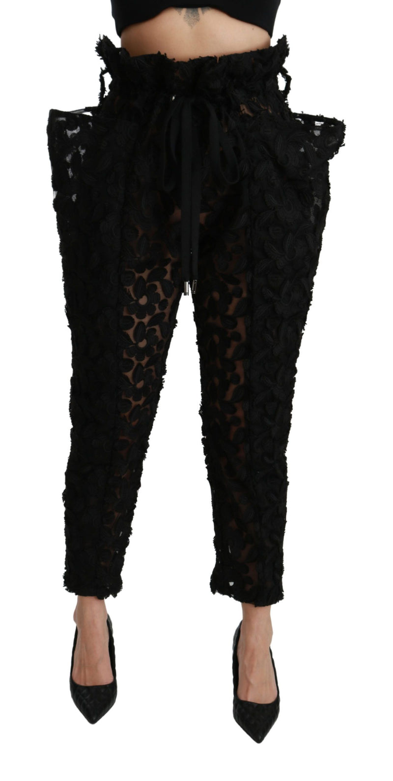 Black Floral Lace Tapered High Waist Pants-Dolce & Gabbana-LabelTerrace.com