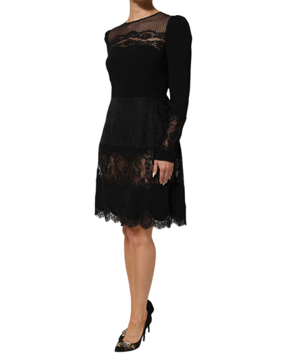 Black Floral Lace Trim Sheath A-line Dress-Dolce & Gabbana-LabelTerrace.com