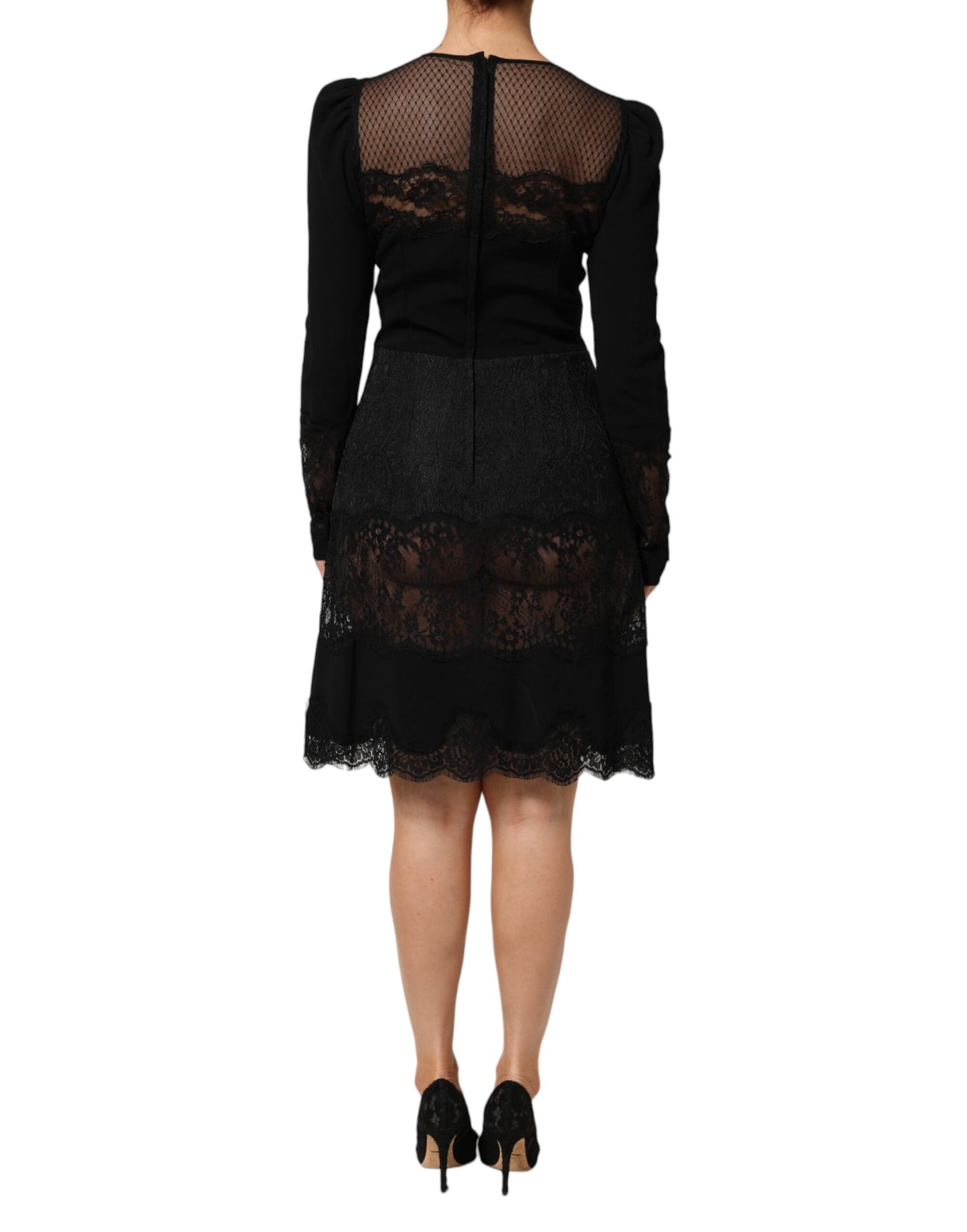 Black Floral Lace Trim Sheath A-line Dress-Dolce & Gabbana-LabelTerrace.com