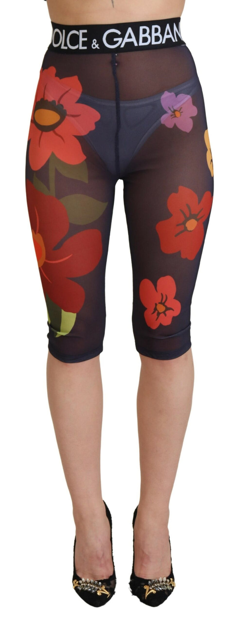 Black Floral Leggings Stretch Waist Pants-Dolce & Gabbana-LabelTerrace.com