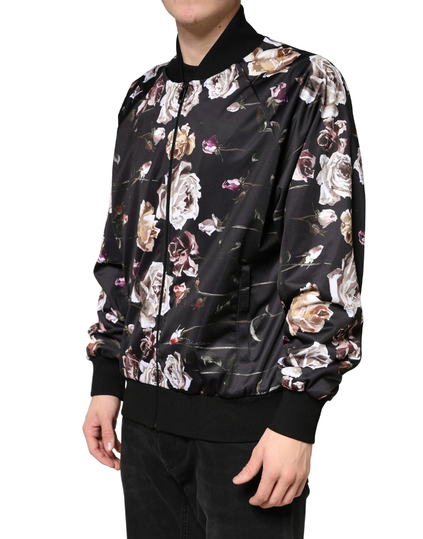 Black Floral Polyester Full Zip Bomber Jacket