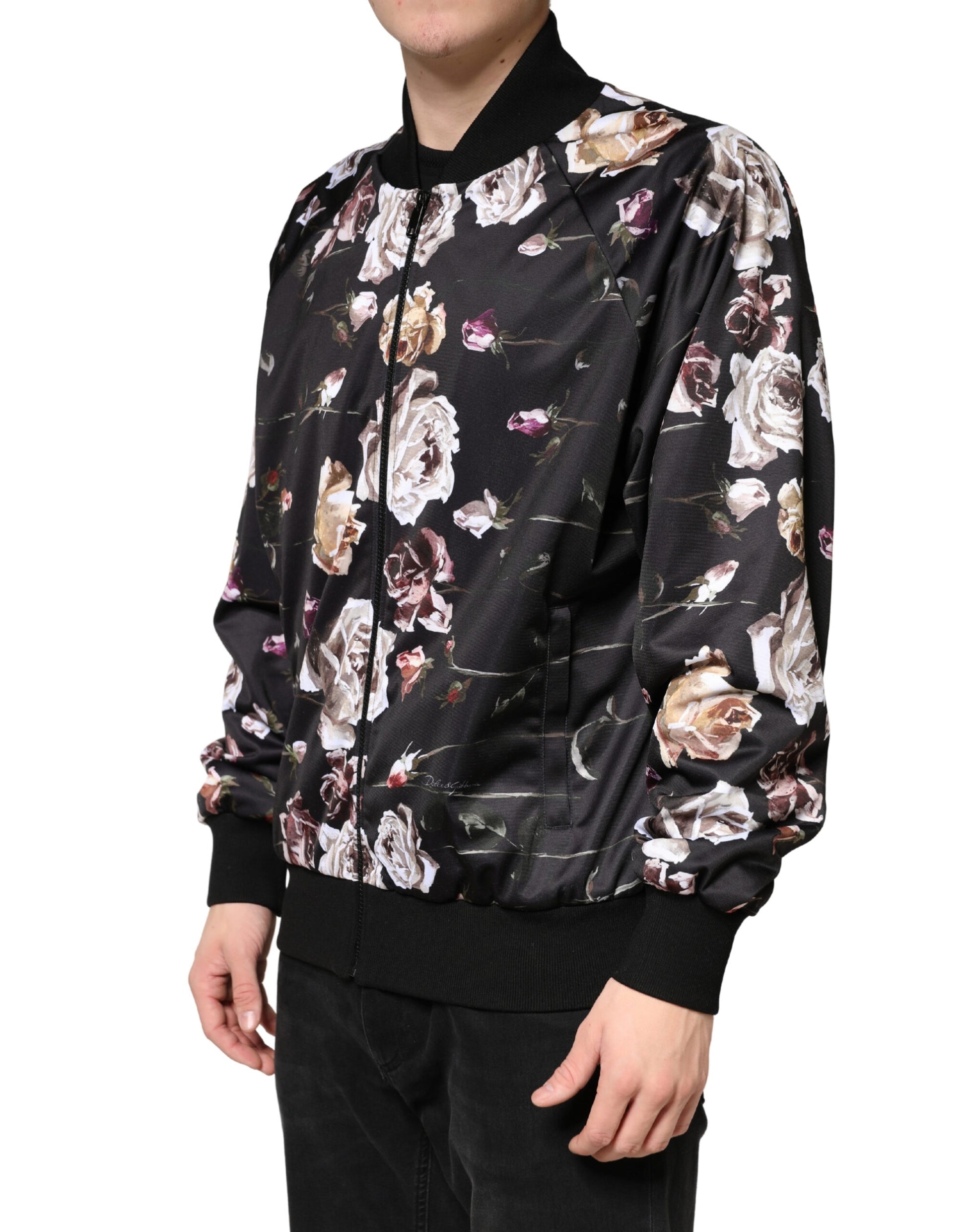 Black Floral Polyester Full Zip Bomber Jacket
