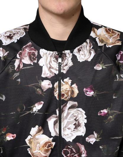 Black Floral Polyester Full Zip Bomber Jacket