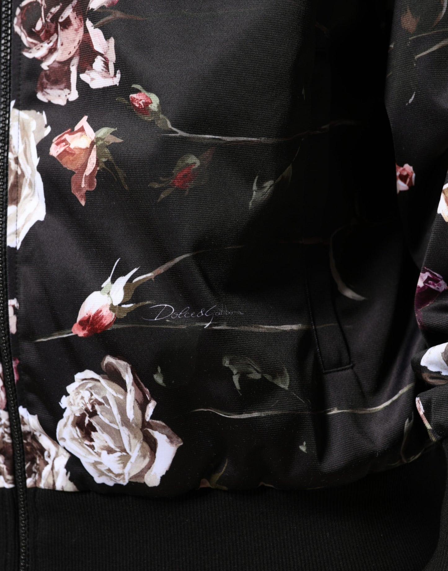 Black Floral Polyester Full Zip Bomber Jacket