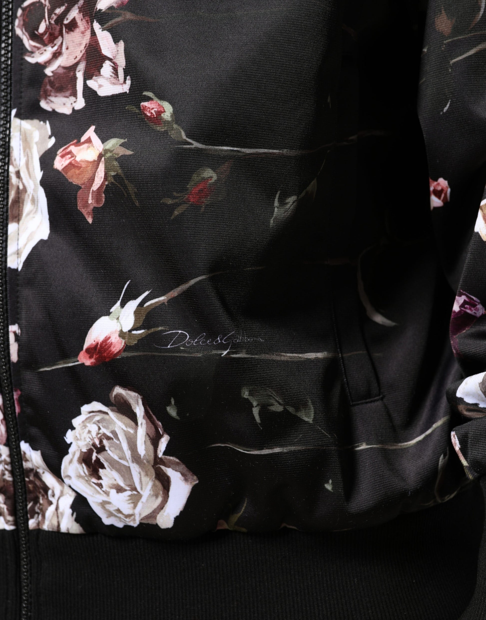 Black Floral Polyester Full Zip Bomber Jacket