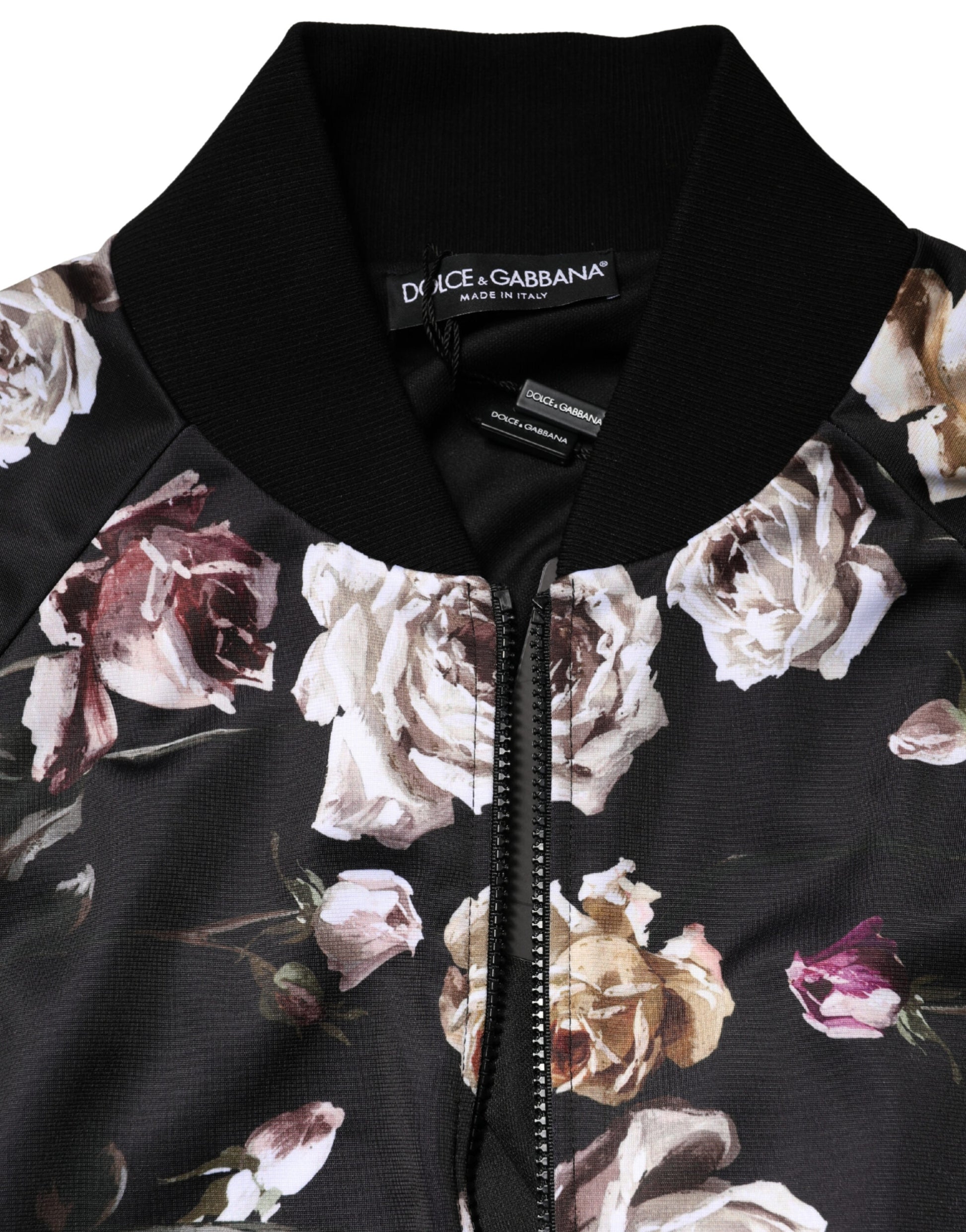 Black Floral Polyester Full Zip Bomber Jacket