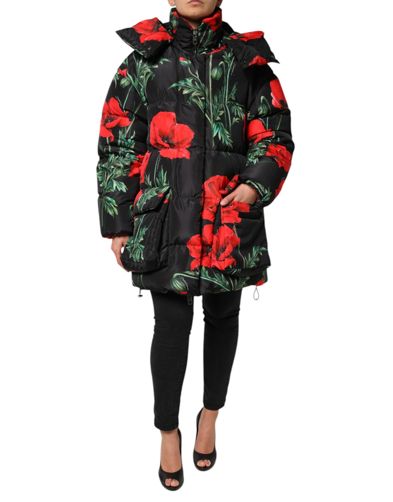 Black Floral Polyester Hooded Quilted Jacket-Dolce & Gabbana-LabelTerrace.com
