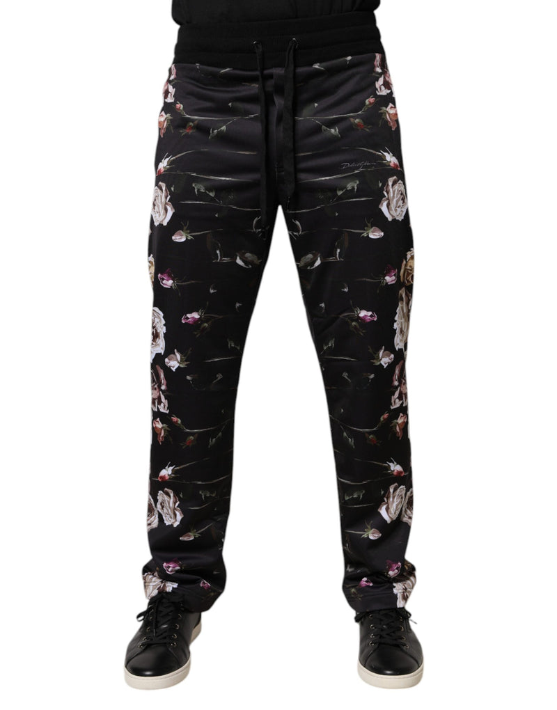 Black Floral Polyester Jogger Pants-Dolce & Gabbana-LabelTerrace.com